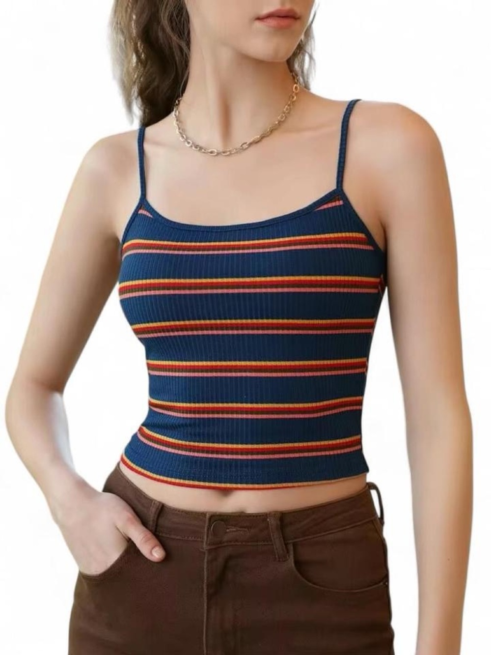 Navy Striped Ribbed Cami Tank Top - Women's